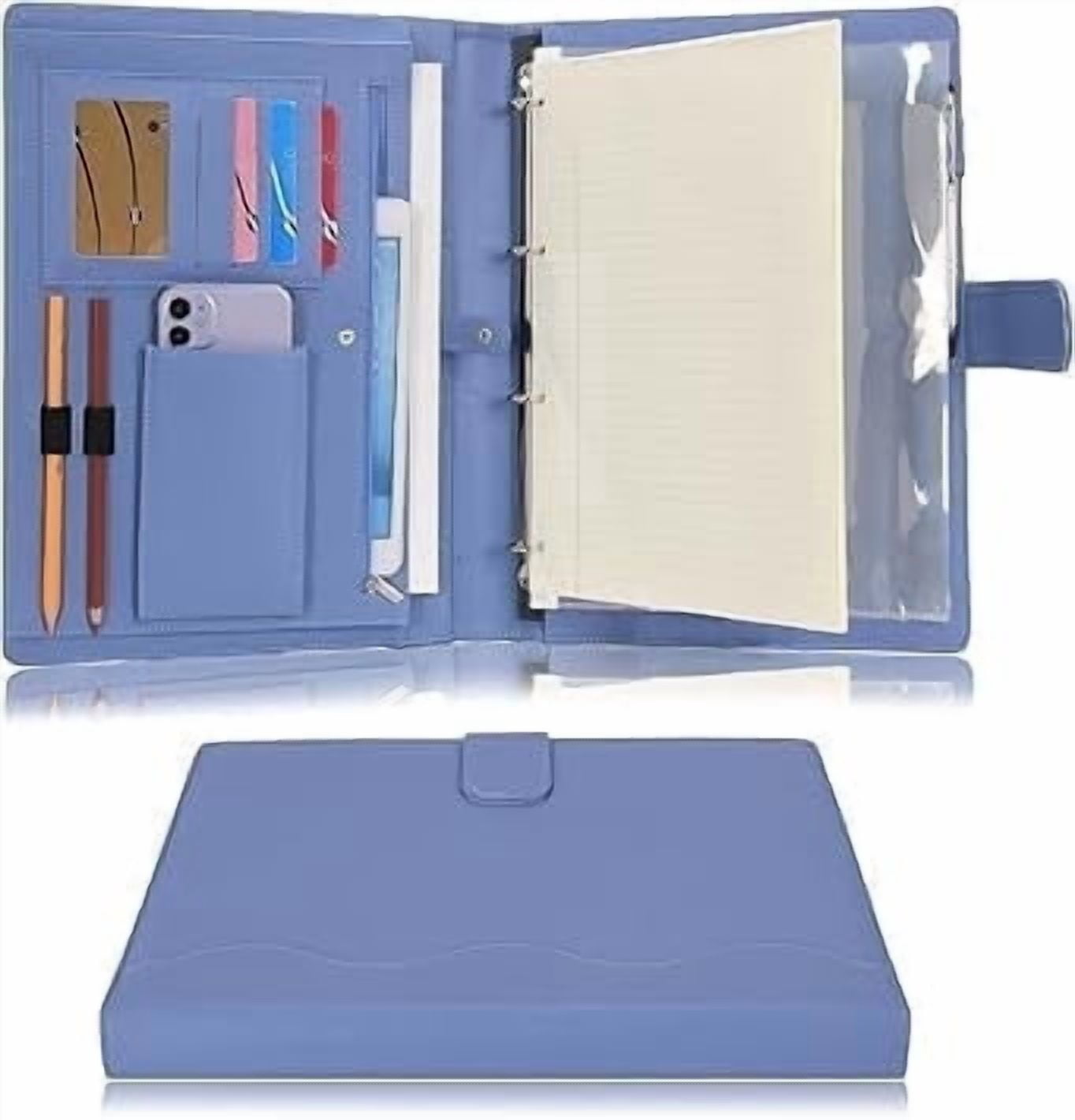 Wonderpool A4 PU Leather Ring Holder Writing Portfolio Multi Document Case with Removable Binder Clipboard and Functional Pocket for Organizer Office Travel School (Blue)