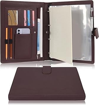Wonderpool A4 PU Leather Ring Holder Writing Portfolio Multi Document Case with Removable Binder Clipboard and Functional Pocket for Organizer Office Travel School (Coffee)