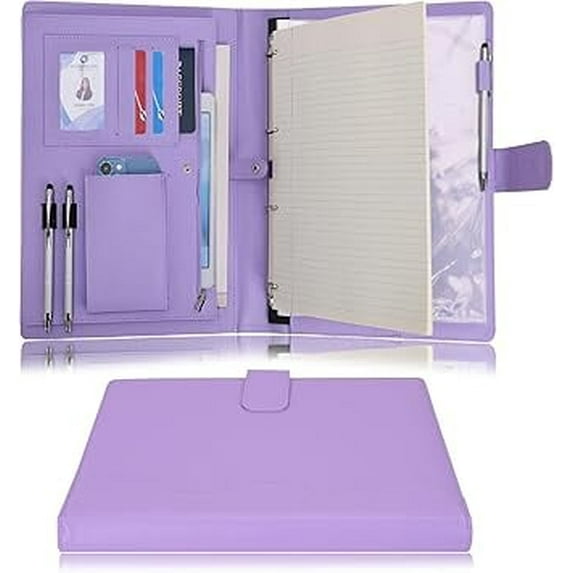 Wonderpool A4 PU Leather Ring Holder Writing Portfolio Multi Document Case with Removable Binder Clipboard and Functional Pocket for Organizer Office Travel School (Purple)