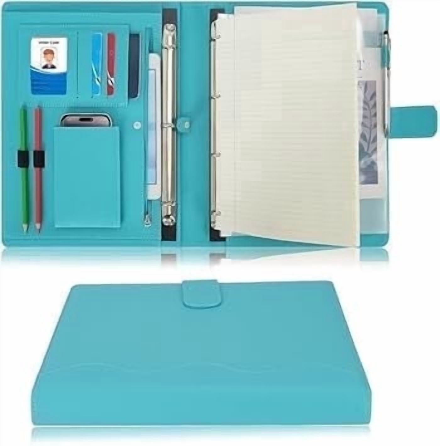 Wonderpool A4 PU Leather Ring Holder Writing Portfolio Multi Document Case with Removable Binder Clipboard and Functional Pocket for Organizer Office Travel School (Cyan)