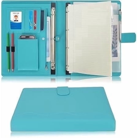 Wonderpool A4 PU Leather Ring Holder Writing Portfolio Multi Document Case with Removable Binder Clipboard and Functional Pocket for Organizer Office Travel School (Cyan)