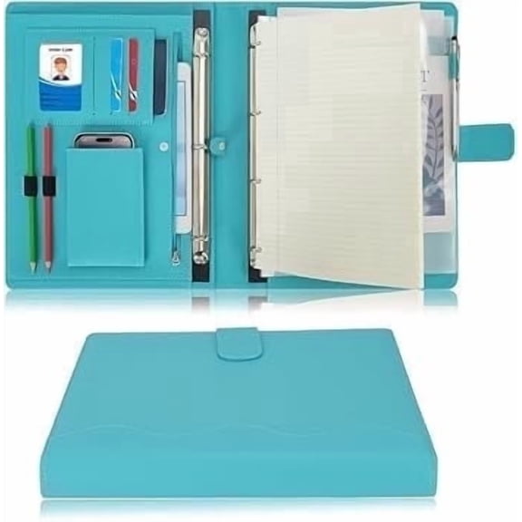 Wonderpool A4 PU Leather Ring Holder Writing Portfolio Multi Document Case with Removable Binder Clipboard and Functional Pocket for Organizer Office Travel School (Cyan)
