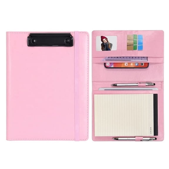 Wonderpool A5 PU Leather Clipboard Partfolio Notepad Forms Holders Document Case - Interview Planner Meeting Writing Padfolio File for Office Travel School Hotel Hospital ((A5,Pink)