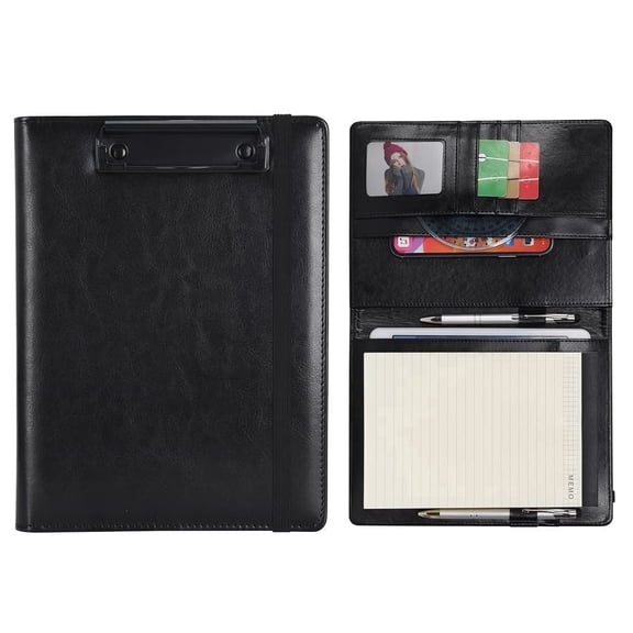 Wonderpool A5 PU Leather Clipboard Partfolio Notepad Forms Holders Document Case - Interview Planner Meeting Writing Padfolio File for Office Travel School Hotel Hospital (A5,Black)