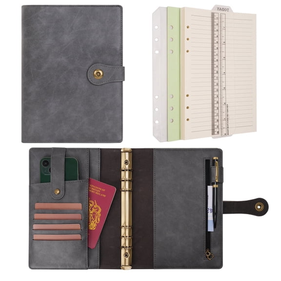 Wonderpool A5 Binder Journal Leather Notebook Refillable College Ruled Paper, Diary Organizer for Office School Travel Business Planning Writing (Gray, A6)
