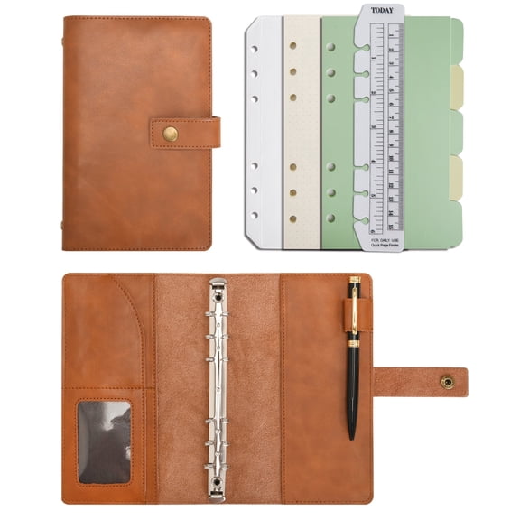 Wonderpool A6 Leather Journal Refillable Notebook Spiral Diary Binder Portfolio - Dotted Paper & Inner Pockets Organizer (Brown, A6)