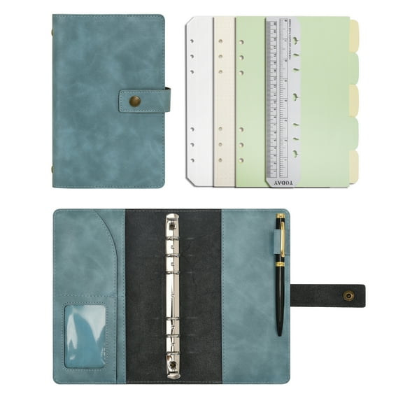 Wonderpool A6 Leather Journal Refillable Notebook Spiral Diary Binder Portfolio - Dotted Paper & Inner Pockets Organizer (Lake Blue, A6)