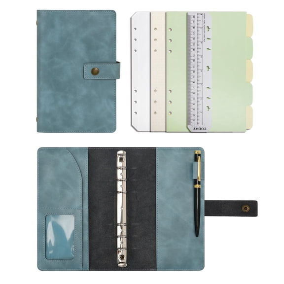 Wonderpool A6 Leather Journal Refillable Notebook Spiral Diary Binder Portfolio - Dotted Paper & Inner Pockets Organizer (Lake Blue, A6)