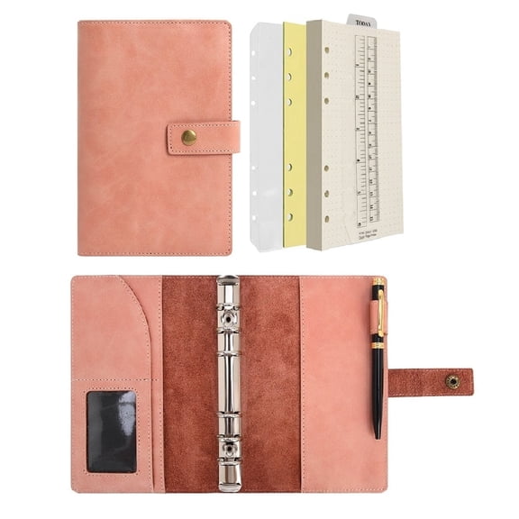 Wonderpool A6 Leather Journal Refillable Notebook Spiral Diary Binder Portfolio - Dotted Paper & Inner Pockets Organizer (Pink, A6)
