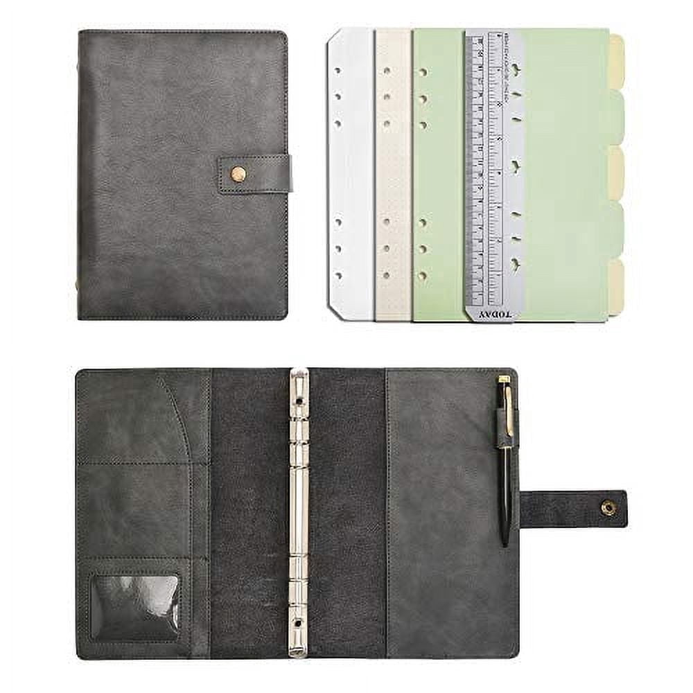 Wonderpool Leather Journal Refillable Notebook Spiral Diary Binder Portfolio - A5 Dotted Paper & Inner Pockets for Organizer (Grey, A6)