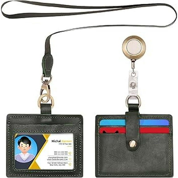 Wonderpool Leather Horizontal Badge Holder with Detachable Neck Lanyard and Retractable Badge Reel Clip, Card Slots Case ID Card Holder for ID Badges Card and Driver Licence (Green)