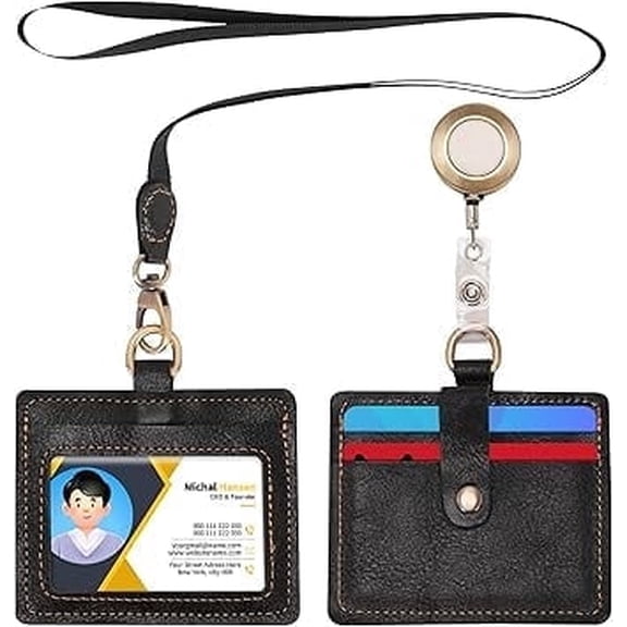 Wonderpool Leather Horizontal Badge Holder with Detachable Neck Lanyard and Retractable Badge Reel Clip, Card Slots Case ID Card Holder for ID Badges Card and Driver Licence (Black)