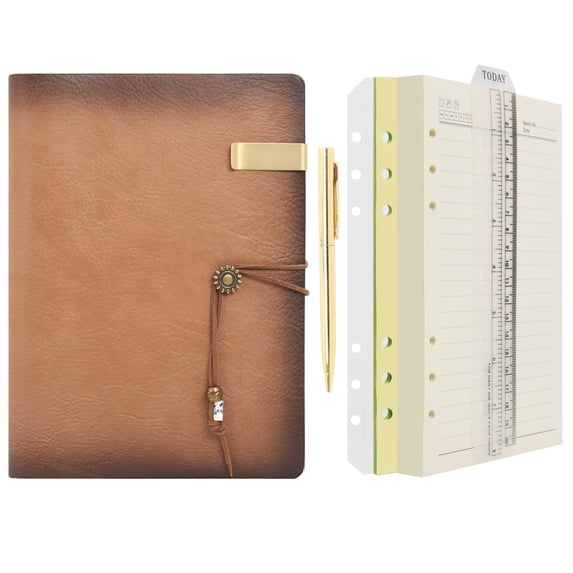 Wonderpool Leather Journal A5 Refillable 6 Ring Binder Notebook with Lined Paper and Pen,Writing Diary with Ruled Notepads Vintage Cover (A5, a-Marron)