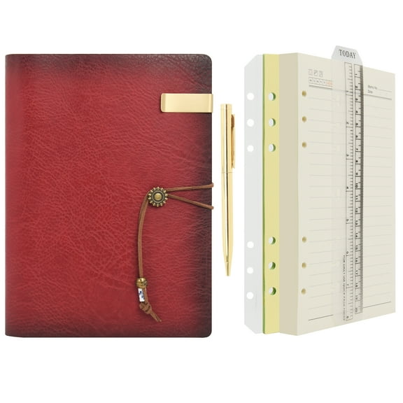 Wonderpool Leather Journal A5 Refillable 6 Ring Binder Notebook with Lined Paper and Pen,Writing Diary with Ruled Notepads (A5, Wine red)