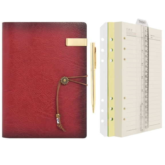 Wonderpool Leather Journal A5 Refillable 6 Ring Binder Notebook with Lined Paper and Pen,Writing Diary with Ruled Notepads (A5, Wine red)