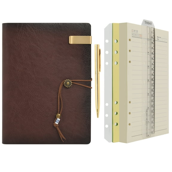Wonderpool Leather Journal A5 Refillable 6 Ring Binder Notebook with Lined Paper and Pen,Writing Diary with Ruled Notepads Vintage Cover (A5, Brown)