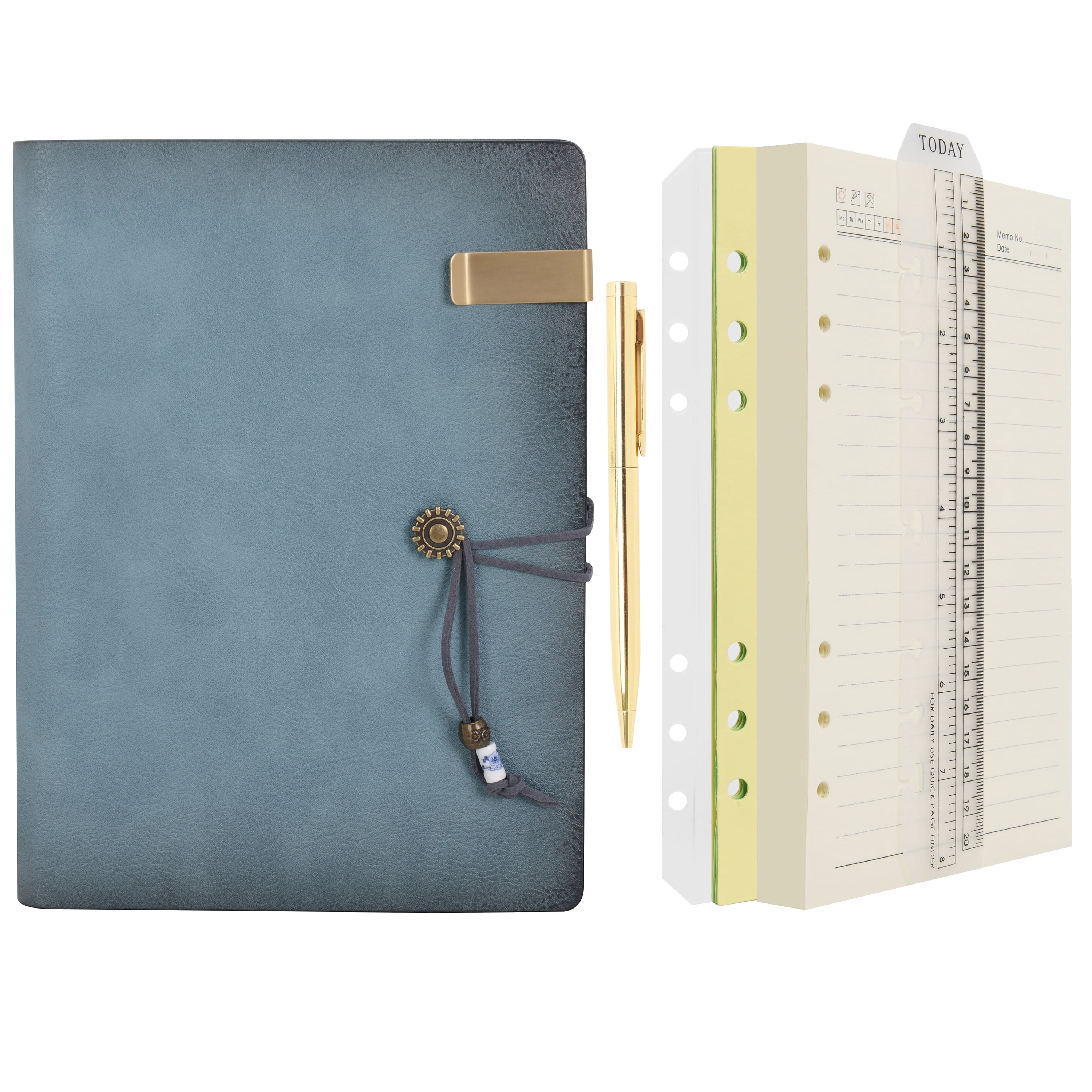 Wonderpool Leather Journal A5 Refillable 6 Ring Binder Notebook with Lined Paper and Pen,Writing Diary with Ruled Notepads Vintage Cover (A5, a-Cyan)