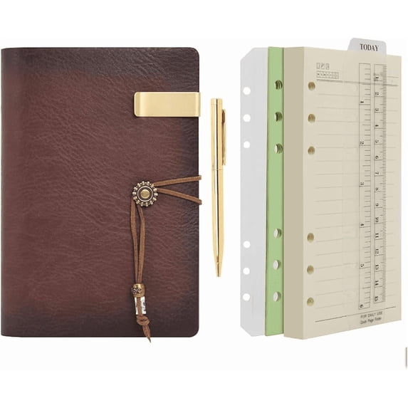 Wonderpool Leather Journal A6 Refillable 6 Ring Binder Notebook with Lined Paper and Pen,Writing Diary for Work Travel and Agenda Plan (A6, Brown)