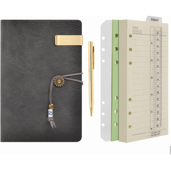 Wonderpool Leather Journal A6 Refillable 6 Ring Binder Notebook with Lined Paper and Pen,Writing Diary for Work Travel and Agenda Plan (A6, Grey)
