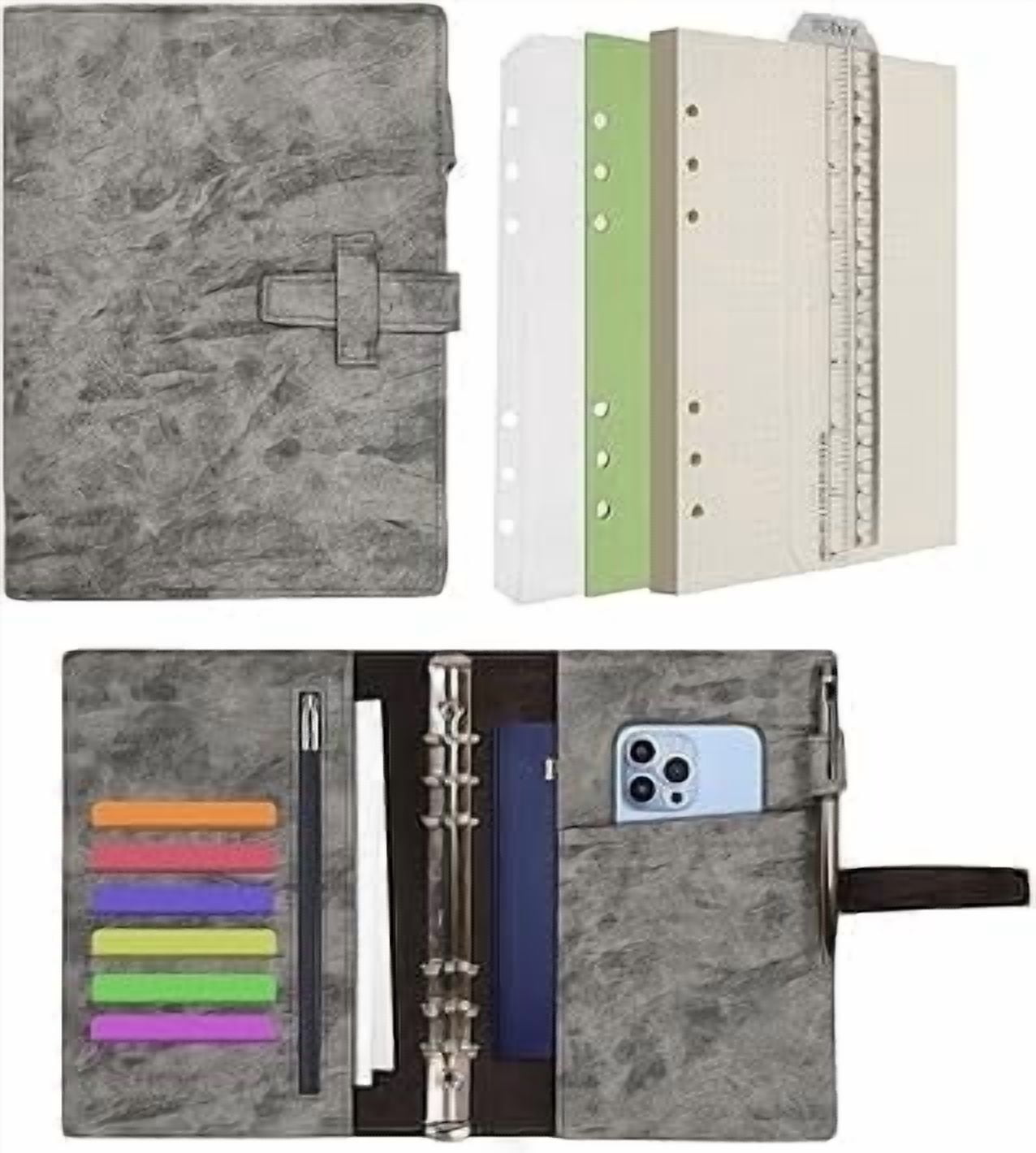 Wonderpool Leather Journal Refillable Binder A5 Writing Notebook Folder Organiser with Dotted Paper & Multi Pockets Cover for Business School Travel (A5, Grey)