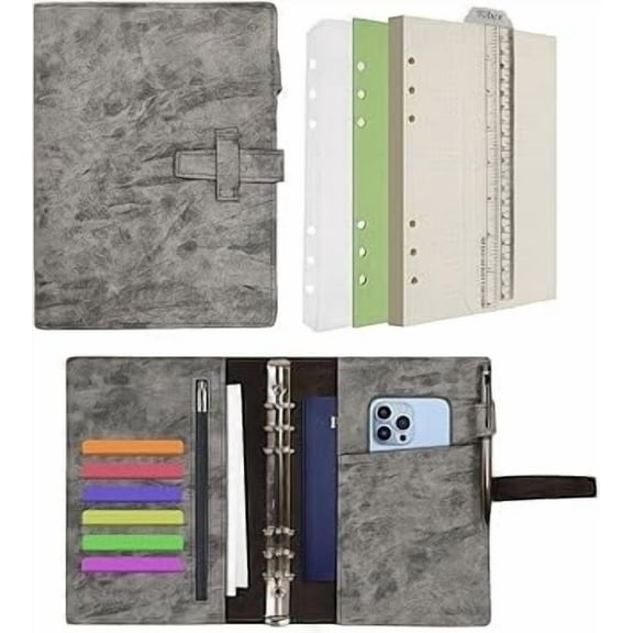 Wonderpool Leather Journal Refillable Binder A5 Writing Notebook Folder Organiser with Dotted Paper & Multi Pockets Cover for Business School Travel (A5, Grey)