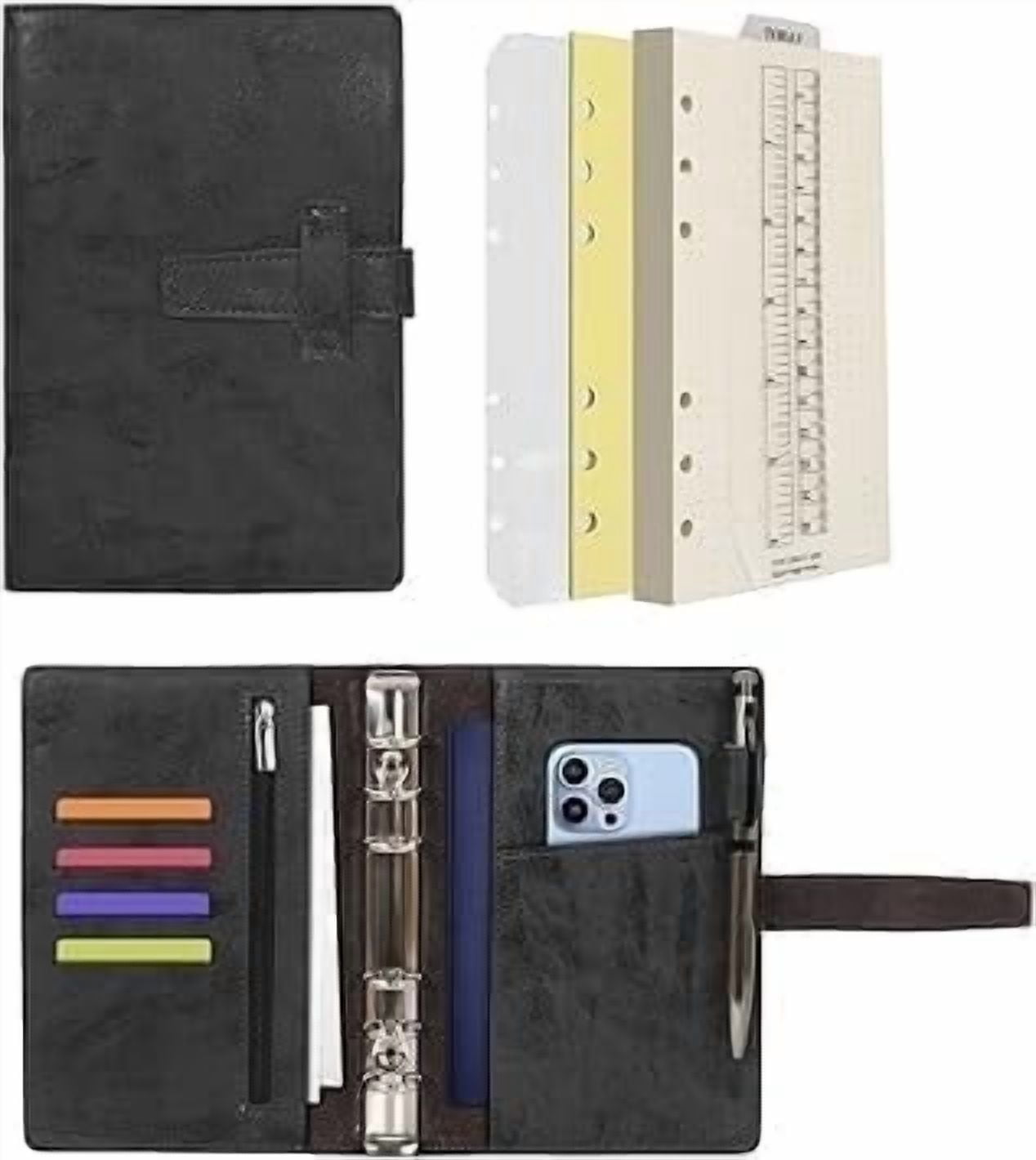 Wonderpool Leather Journal Refillable Binder A6 Writing Notebook Folder Organiser with Dotted Paper & Multi Pockets Cover for Business School Travel (A6, Black)