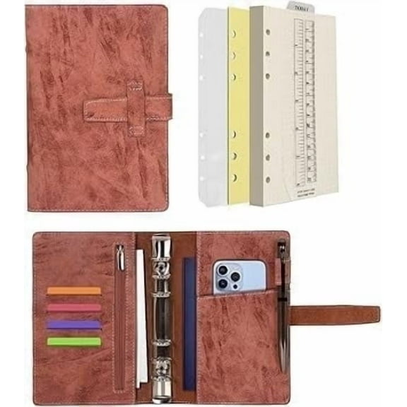 Wonderpool Leather Journal Refillable Binder A6 Writing Notebook Folder Organiser with Dotted Paper & Multi Pockets Cover for Business School Travel (A6, Brown)
