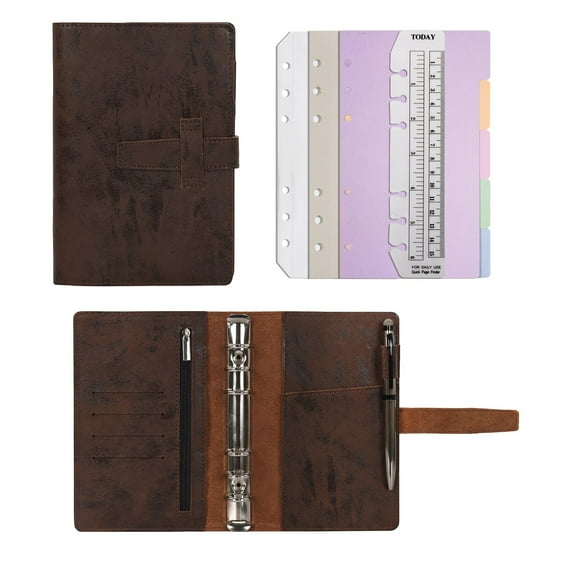 Wonderpool Leather Journal Refillable Binder A6 Writing Notebook Folder Organiser with Dotted Paper & Multi Pockets Cover for Business School Travel (A6, Coffee)