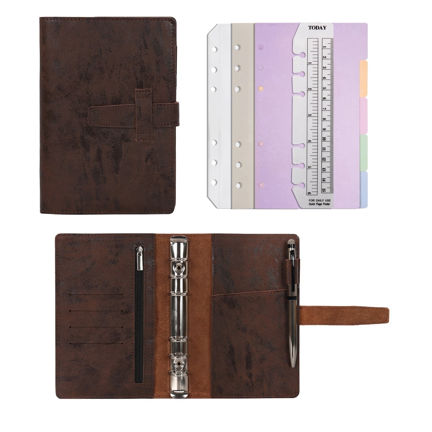 Wonderpool Leather Journal Refillable Binder A6 Writing Notebook Folder Organiser with Dotted Paper & Multi Pockets Cover for Business School Travel (A6, Coffee)