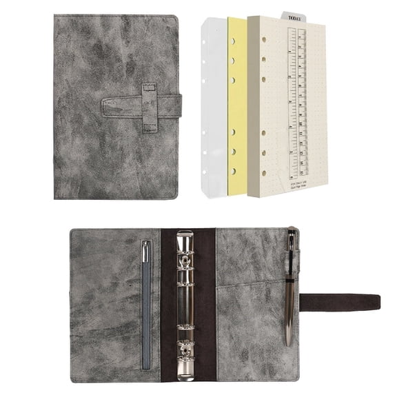 Wonderpool Leather Journal Refillable Binder A6 Writing Notebook Folder Organiser with Dotted Paper & Multi Pockets Cover for Business School Travel (A6, Grey)