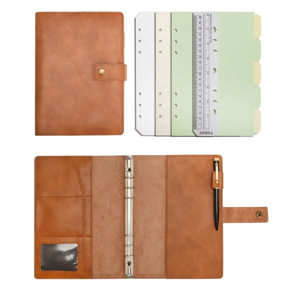 Wonderpool Leather Journal Refillable Notebook Spiral Diary Binder Portfolio - A5 Dotted Paper & Inner Pockets for Organizer (Brown, A5)