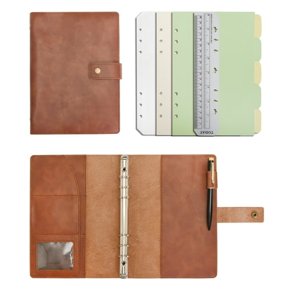 Wonderpool Leather Journal Refillable Notebook Spiral Diary Binder Portfolio - A5 Dotted Paper & Inner Pockets for Organizer (Coffee, A5)