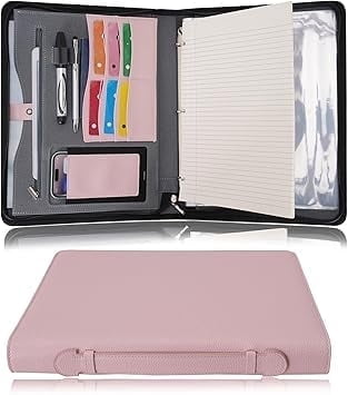 Wonderpool Travel Zippered Portfolio 3 Ring Binder A4 Padfolio Document Case with Removable Clipboard Legal Pad Holder, Business Office School Organizer for Men and Women (Pink)