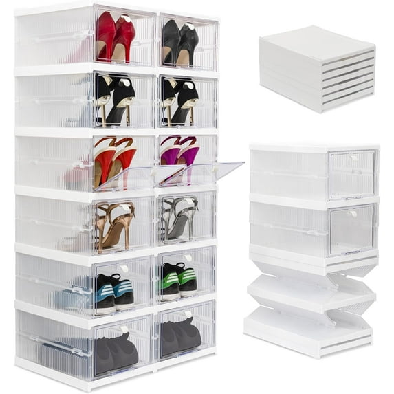 Wondersome Collapsible Shoe Rack Organizer 12-Compartment Clear Door Storage Container