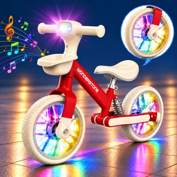 Wonderstone 10" Balance Bike for Kids with Colorful Lights/Music, Adjustable Seat Ride-On Toy with 2 Silent Wheels, Outdoor Toddler Training Bike for Boys and Girls Aged 2–6, Red