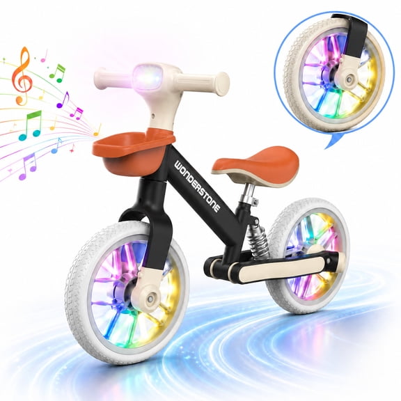 Wonderstone 10" Balance Bike for Kids with Colorful Lights/Music, Adjustable Seat Ride-On Toy with 2 Silent Wheels, Outdoor Toddler Training Bike for Boys and Girls Aged 2–6, Black