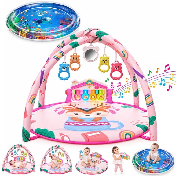 Wonderstone 2 in 1 Baby Play Gym with Round Ocean Water Mat, Infant Activity Playmat with Light & Music, Tummy Time Play Gym for Newborn 0-12 Months, Pink