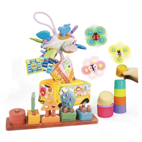 Wonderstone 5-in-1 Montessori Baby Toys, Bus Tissue Box, Wooden Shape Stacker, Stacking Cups and Spinner, for Boys Girls Infants 6-36 Months