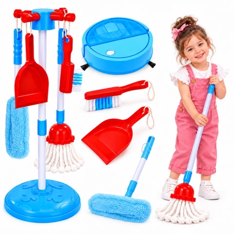 Wonderstone 6 PCS Kids Cleaning Set with Pretend Robot Vacuum Toy, Pretend Play with Broom & Mop Cleaning Toys for Toddlers Boys Girls 3-8 Years Old