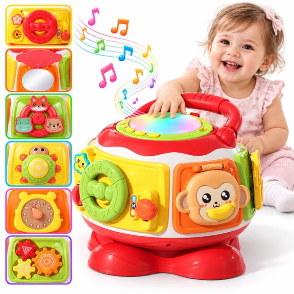 Wonderstone 7 in 1 Baby Activity Cube Drum with Music & Light, Musical Hand Drum for Toddlers, Montessori Early Learning Educational Toy, Birthday Gift for Babies 18 Months+ (Red)