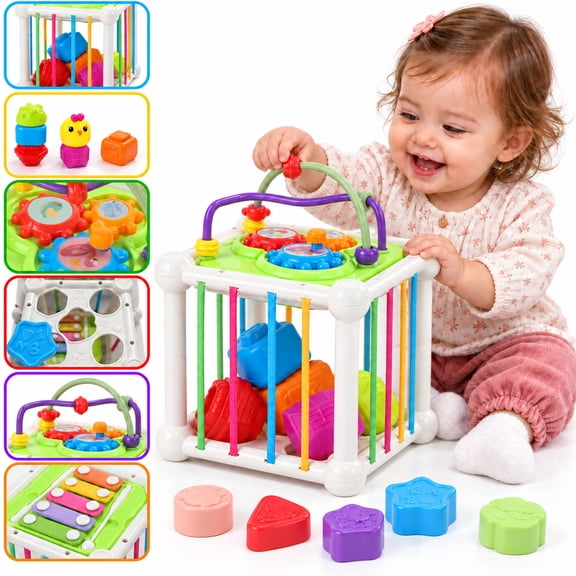 Wonderstone 8 in 1 Shape Sorter Cube for Toddlers, Montessori Sensory Toy with Piano, Motor Skills Educational Learning Toy, Gift for Babies 18 Months+