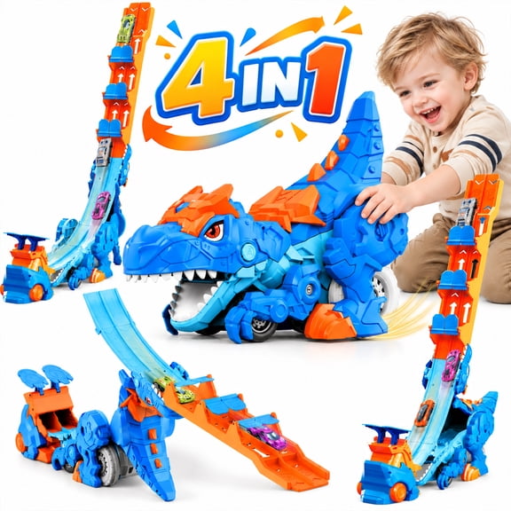 Wonderstone Dinosaur Transport Truck Car Toy with 6 Alloy Race Cars, Carrier Vehicles Toys Set for Kids for Boys Aged 3-10 Years (Blue)
