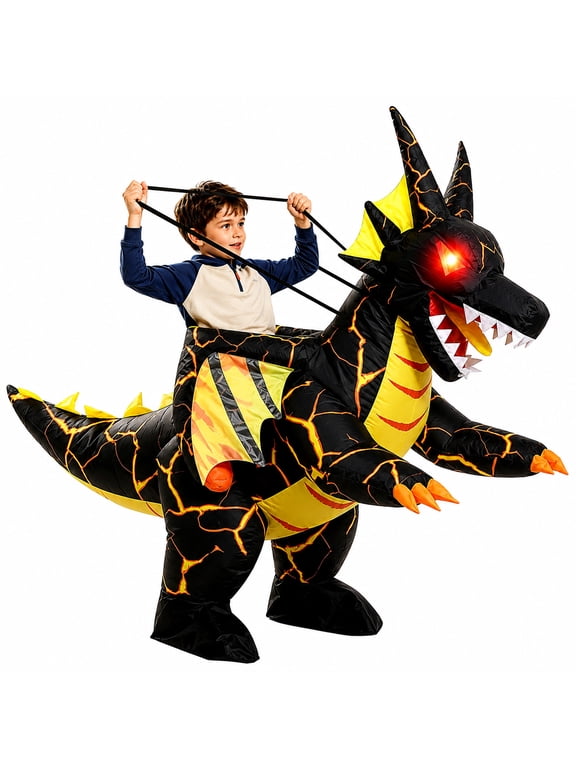 Inflatable Costumes for Kids, Riding-on Dragon Blow-up Costume with LED Lights, Funny Halloween and Party Costume for Boys and Girls Aged 6–10