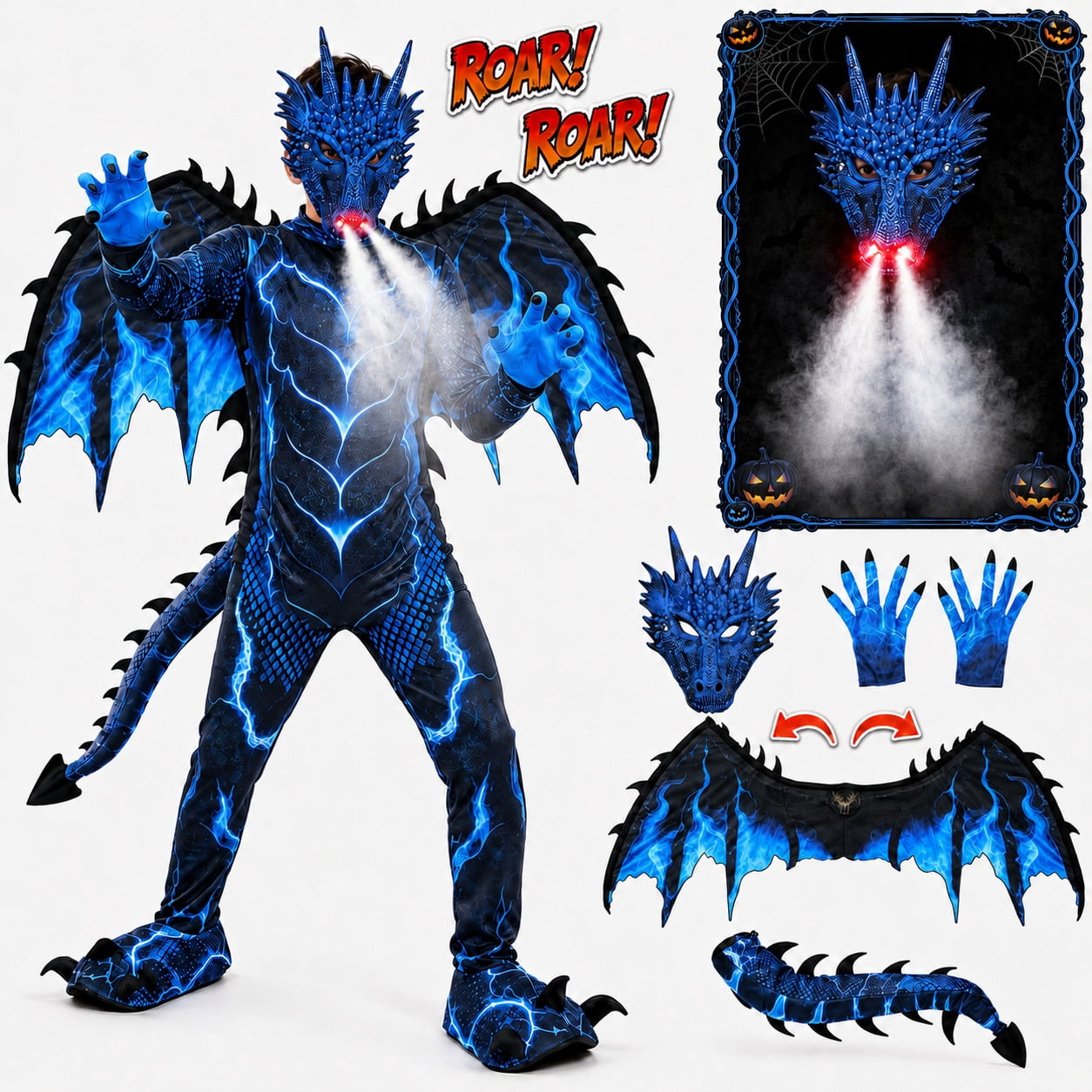 Wonderstone Kids Dragon Costume, Halloween Costume with Sound & Spray, Winged Design, Dragon Mask with LED Light, Dress-Up Costume for Cosplay Party, Suitable for Kids Ages 6–14, Blue-L