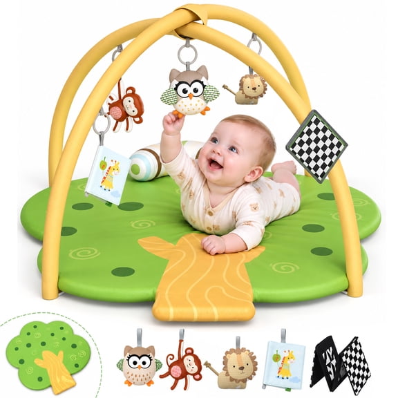 Wonderstone Tree-Shaped Baby Play Gym Mat, Infant Tummy Time Activity Playmat with Detachable Sensory Toys, Soft Large Play Mat for Newborn 0-12 Months