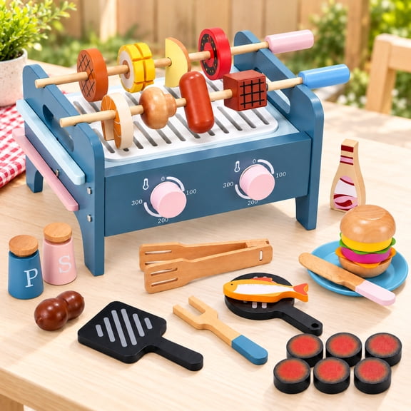 Wonderstone Wooden BBQ Grill Pretend Play Set for Kids, Kitchen Barbecue Toy with Cooking Accessories, Educational Role Play Food Toy, Birthday Gift for Toddlers 3+