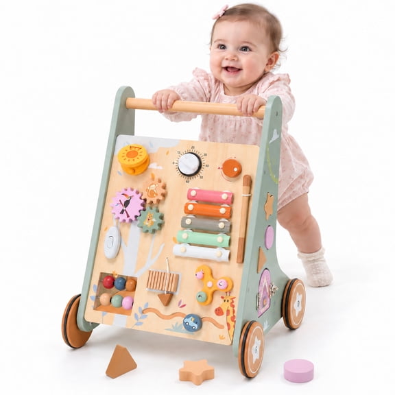 Wonderstone Wooden Baby Walker with Wheels, Push Walker Activity Center Toys, Multi-Sensory Educational Learning Toy for Boys and Girls Ages 12-36 Months
