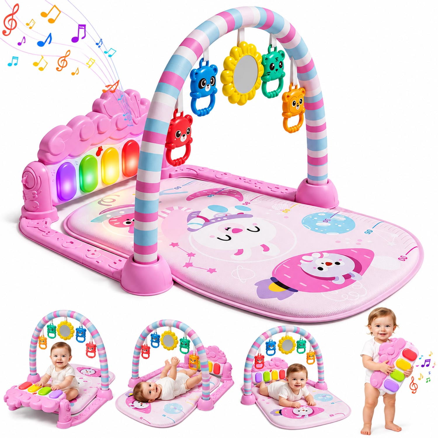 WondertStone Baby Gym Play Mat, Tummy Time Mat with Music & Light, Play Piano Activity Mat for Floor, Newborn Toys for 0-12 Months, Pink