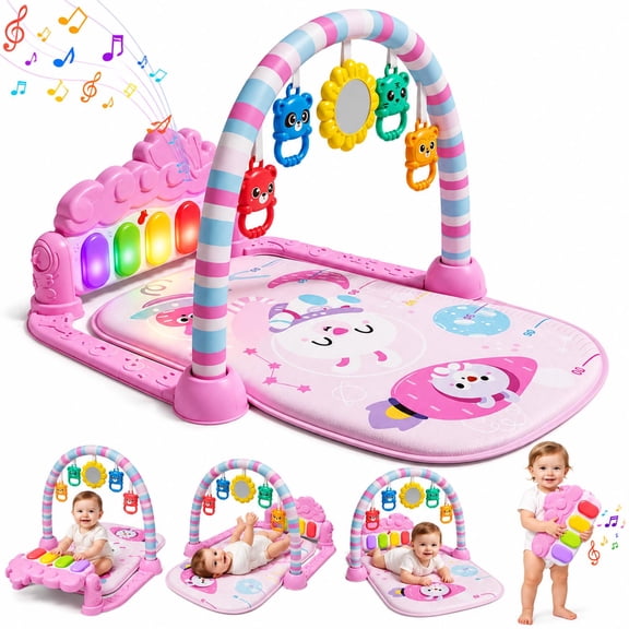 WondertStone Baby Gym Play Mat, Tummy Time Mat with Music & Light, Play Piano Activity Mat for Floor, Newborn Toys for 0-12 Months, Pink