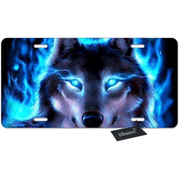Wondertify License Plate Wolf with Blue Eys and Blue Fire Watching on Black Background Decorative Car Front License Plate,Vanity Tag,Metal Car Plate, Novelty License Plate,6 X 12 Inch